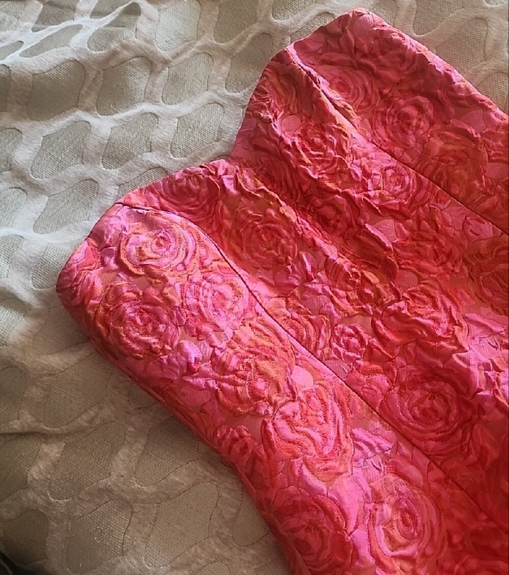 Vintage Betsey Johnson Strapless Pink Rose Jacquard Dress W/Sweetheart Neckline - Picture 2 of 7